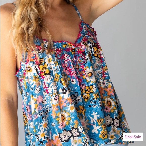 Natural Life S New Embroidered Harley Top Blue Tan Pink Floral Boho Tank Flower - Picture 2 of 8